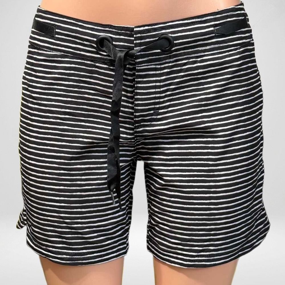 prAna Womens Black White Striped Board Shorts Swim Trunks Size S Drawstring Pock